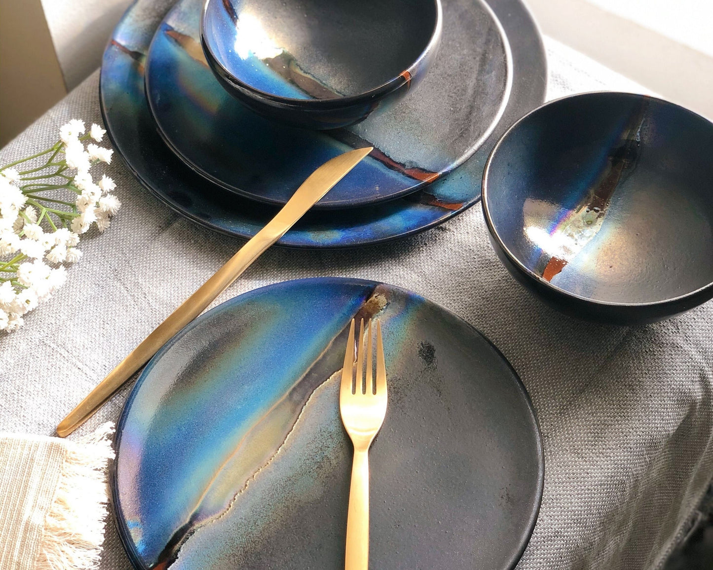 Black Dinner Plate Set with shades of Blue, and Gold Metallic Luster Stripe - Artistic Handmade Reduction Firing Pottery/Ceramic Dinnerware