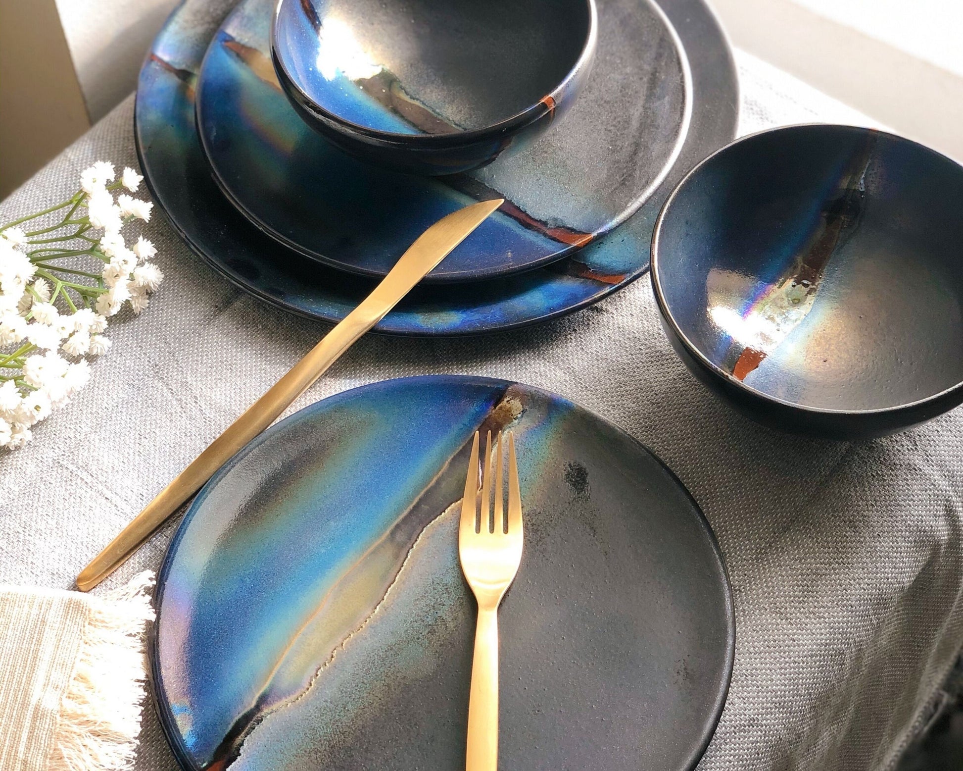 Black Dinner Set with shades of Blue, and Gold Metallic Luster Stripe - 3-piece Artistic Handmade Reduction Firing Pottery Dinnerware