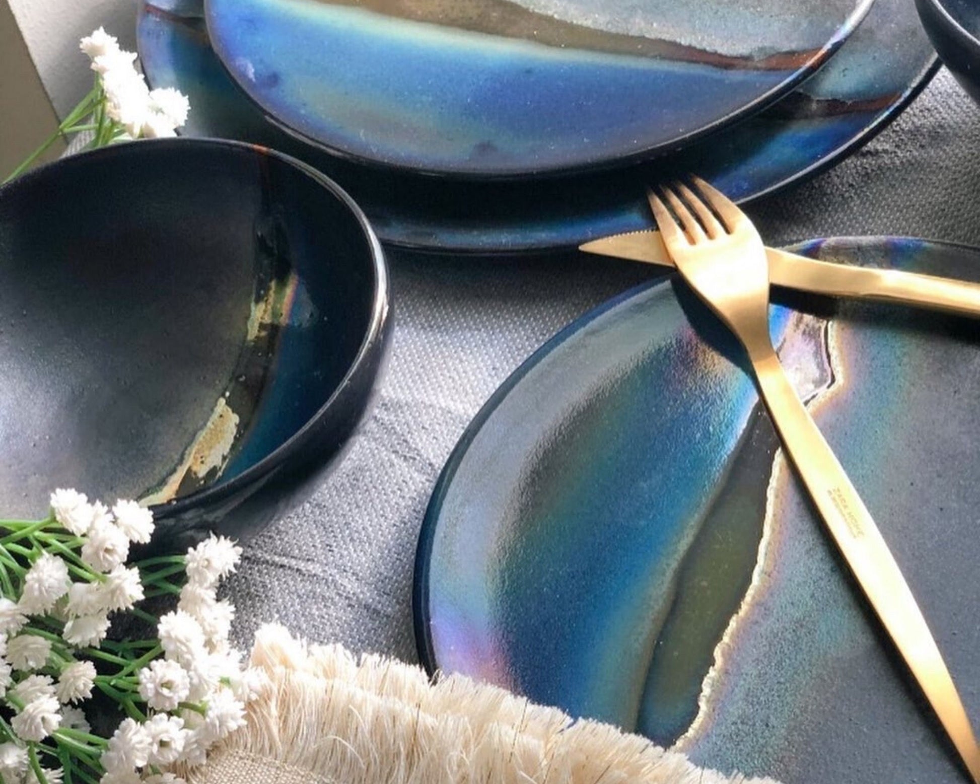 Black Dinner Set with shades of Blue, and Gold Metallic Luster Stripe - 3-piece Artistic Handmade Reduction Firing Pottery Dinnerware