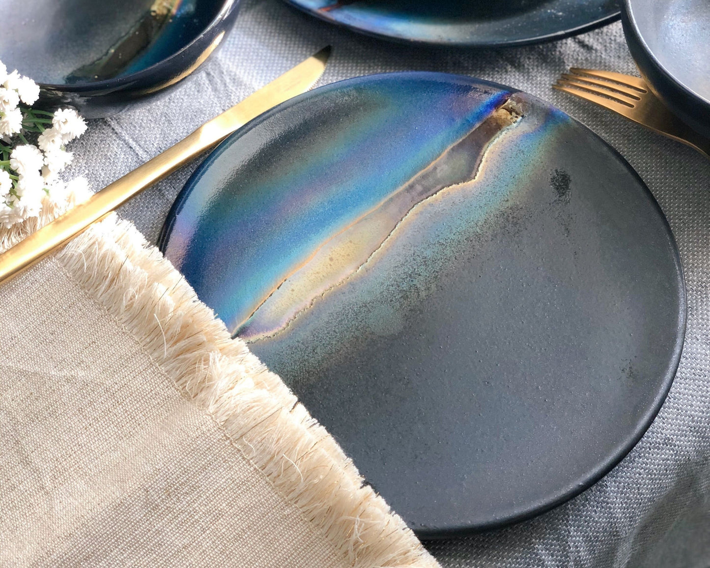 Black Salad/Dessert Plate with shades of Blue & Gold Metallic Luster Stripe - Artistic Handmade Reduction Firing Ceramic/Pottery Dinnerware