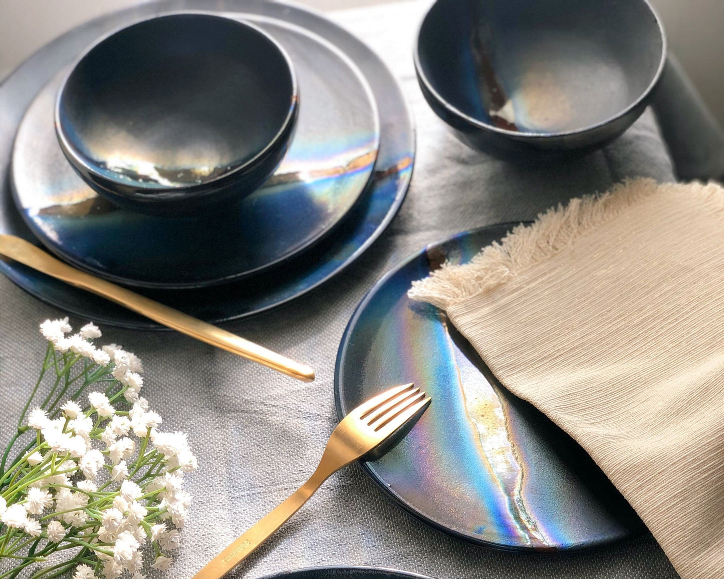 Black Dinner Set with shades of Blue, and Gold Metallic Luster Stripe - 3-piece Artistic Handmade Reduction Firing Pottery Dinnerware