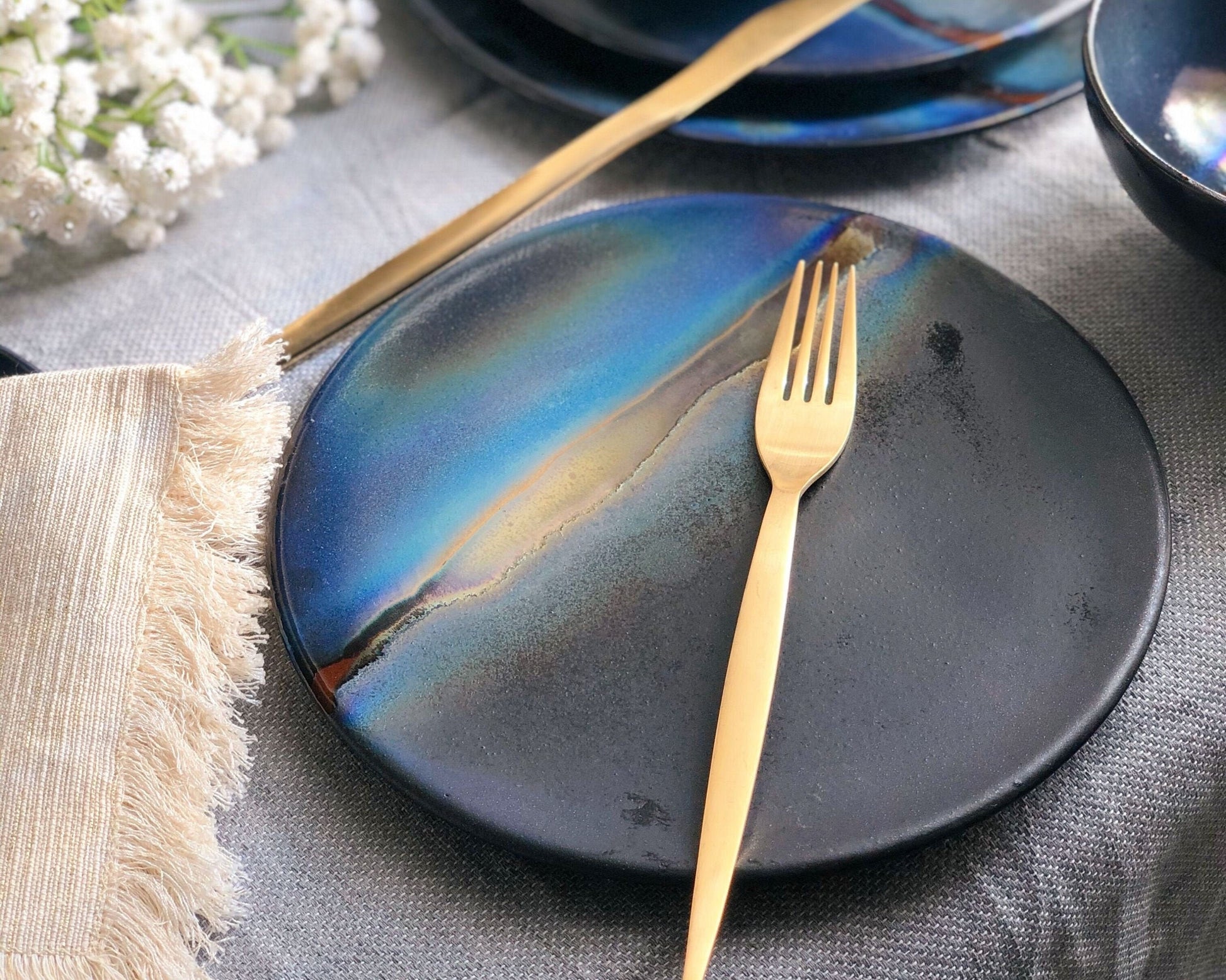 Black Dinner Plate Set with shades of Blue, and Gold Metallic Luster Stripe - Artistic Handmade Reduction Firing Pottery/Ceramic Dinnerware