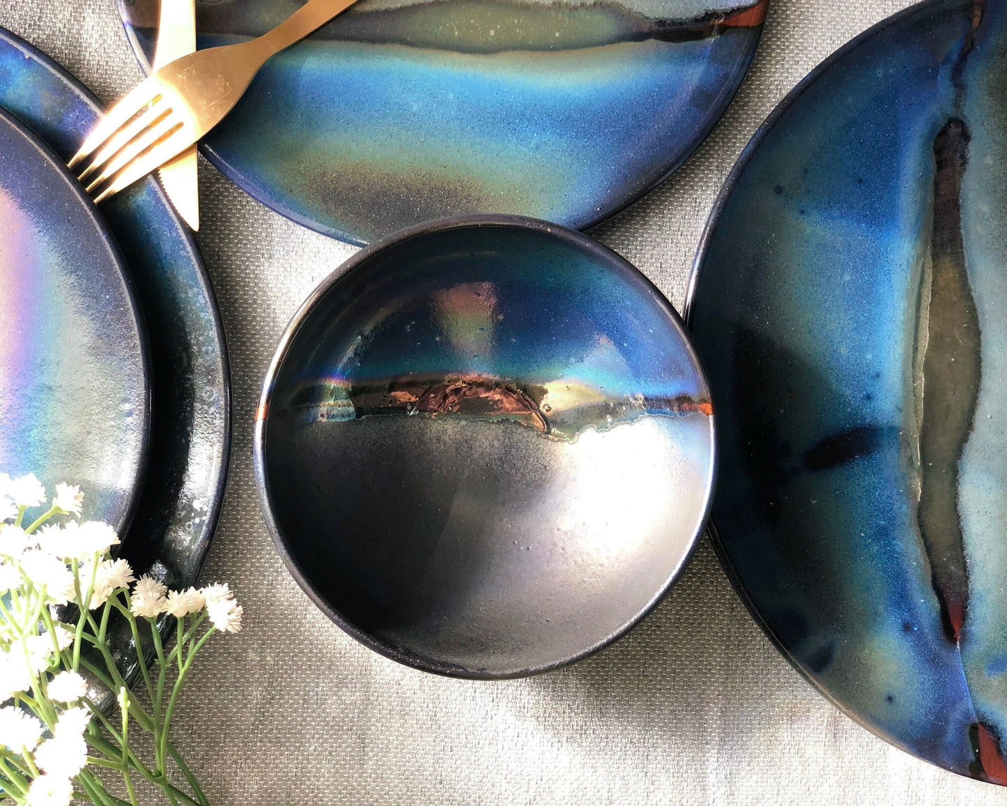 Black Dinner/Soup Bowl with shades of Blue, and Gold Metallic Luster Stripe - Artistic Handmade Reduction Firing Pottery/Ceramic Dinnerware