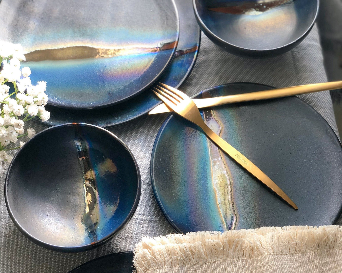 Black Plates & Bowls Sets with Blue Infusions, and Gold Metallic Luster Stripe - Artistic Handmade Crockery Dinnerware Dishware