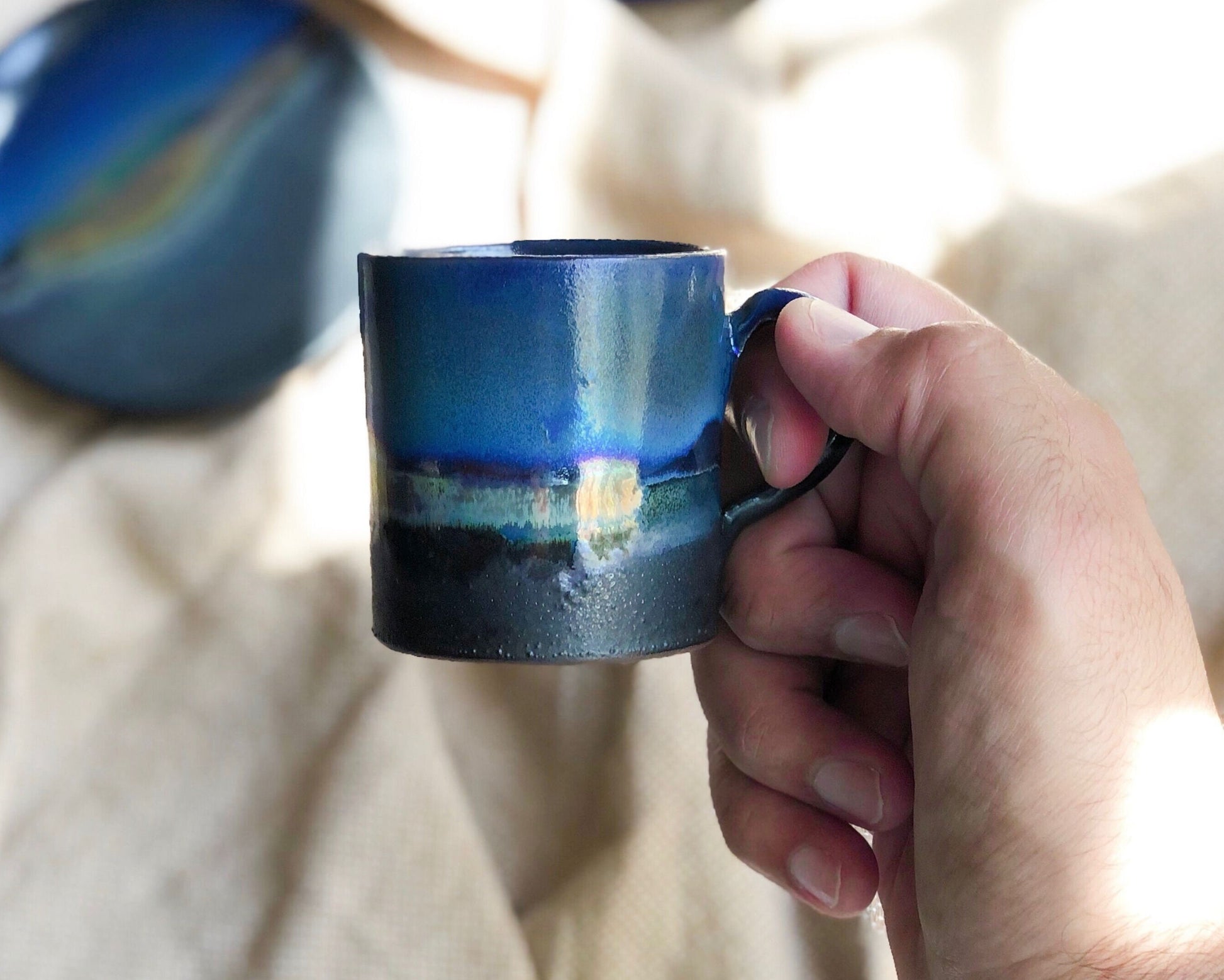 Black 'Turkish Coffee' Cup with with shades of Blue & Gold Metallic Luster Stripe - Artistic Handmade Reduction Firing Pottery/Ceramic Cups