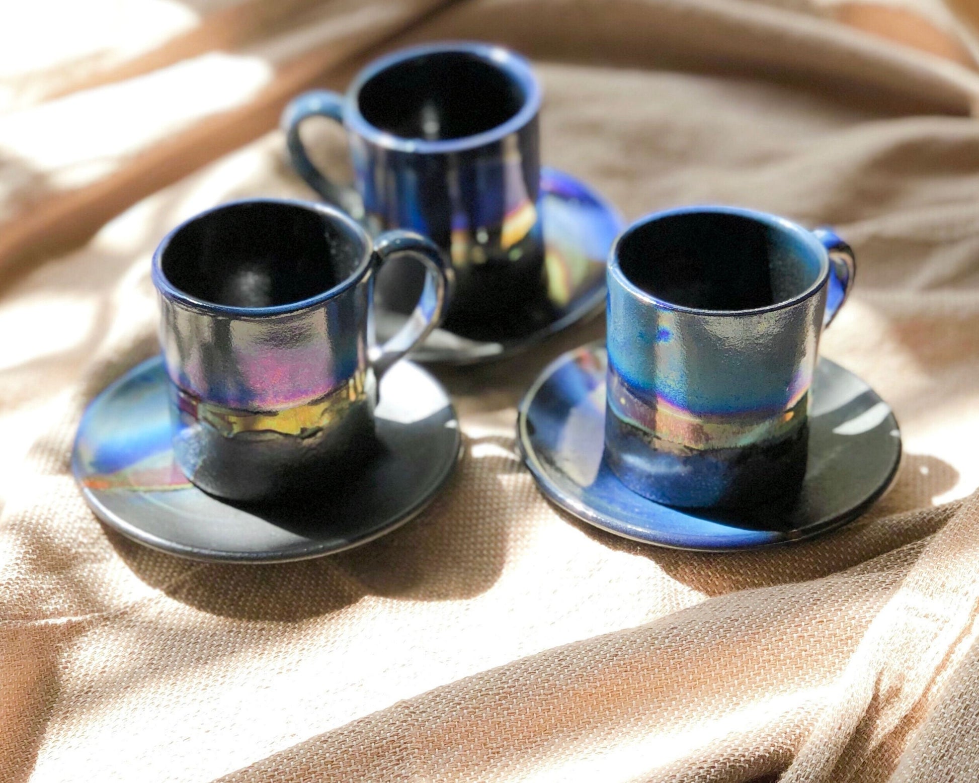 Black 'Turkish Coffee' Cup with with shades of Blue & Gold Metallic Luster Stripe - Artistic Handmade Reduction Firing Pottery/Ceramic Cups