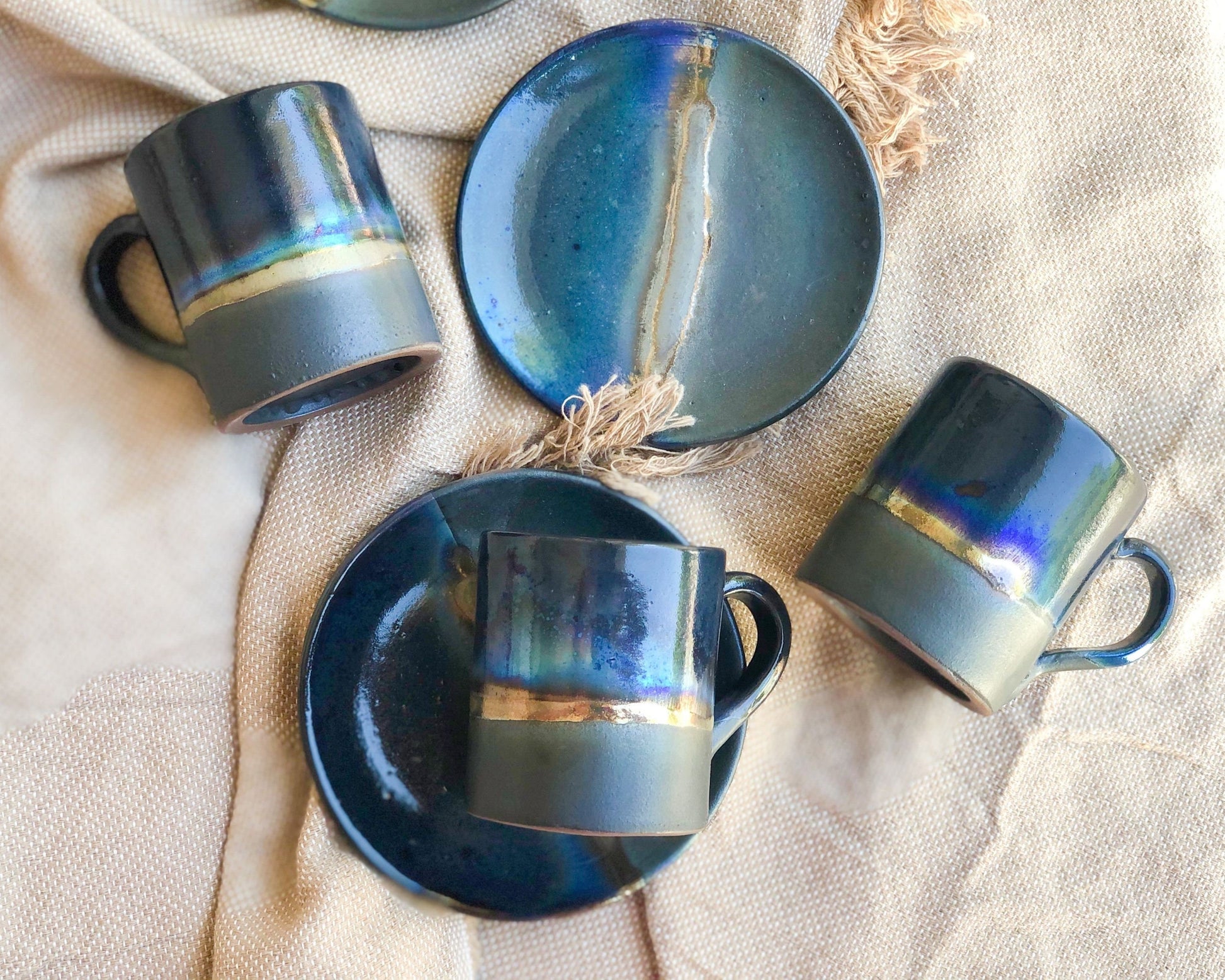 Black 'Turkish Coffee' Cup with with shades of Blue & Gold Metallic Luster Stripe - Artistic Handmade Reduction Firing Pottery/Ceramic Cups