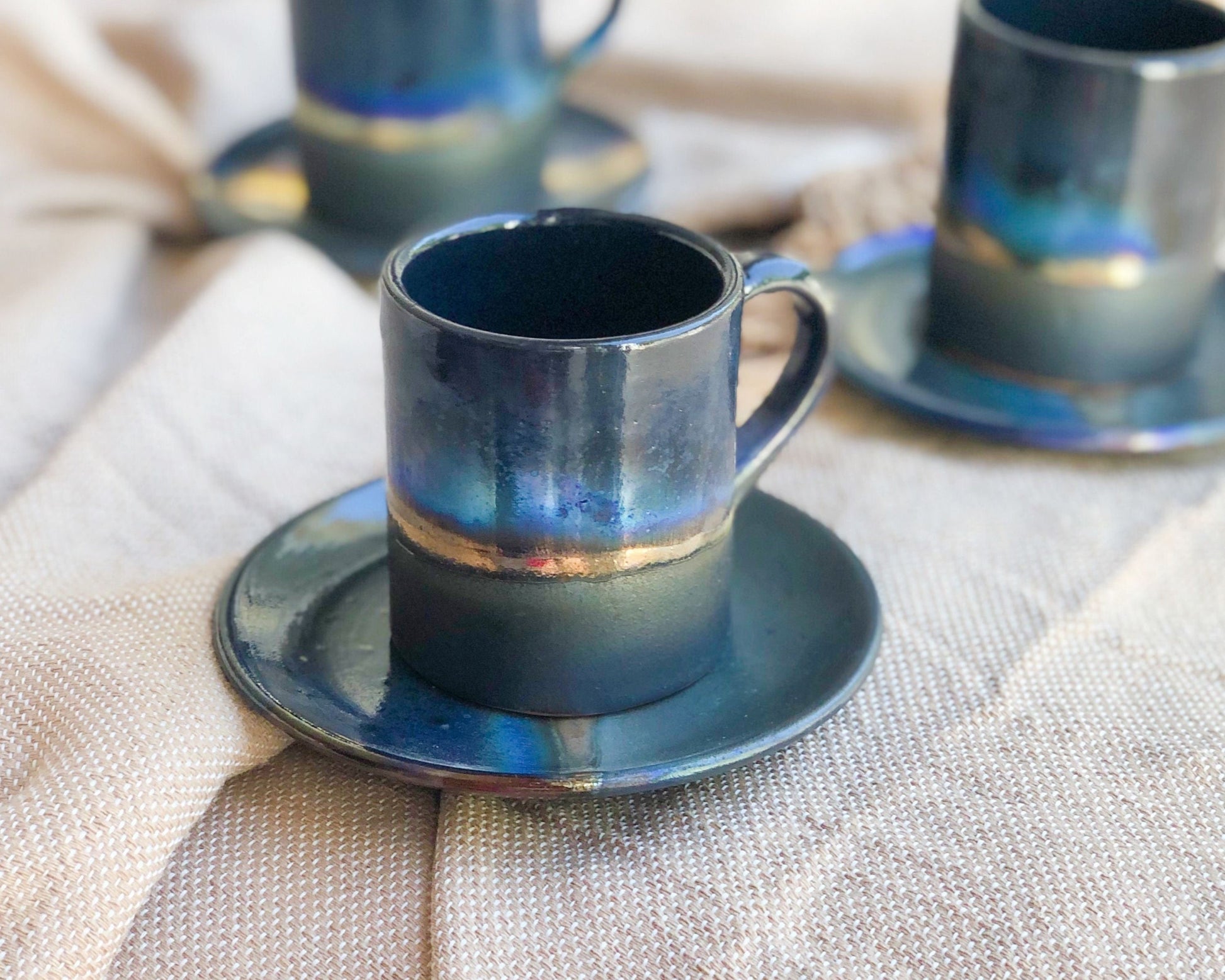 Black 'Turkish Coffee' Cup with with shades of Blue & Gold Metallic Luster Stripe - Artistic Handmade Reduction Firing Pottery/Ceramic Cups