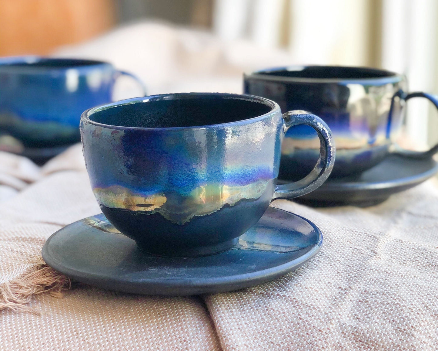 Black Cappuccino Cup with shades of Blue, and Gold Metallic Luster Stripe - Artistic Handmade Reduction Firing Pottery Cups