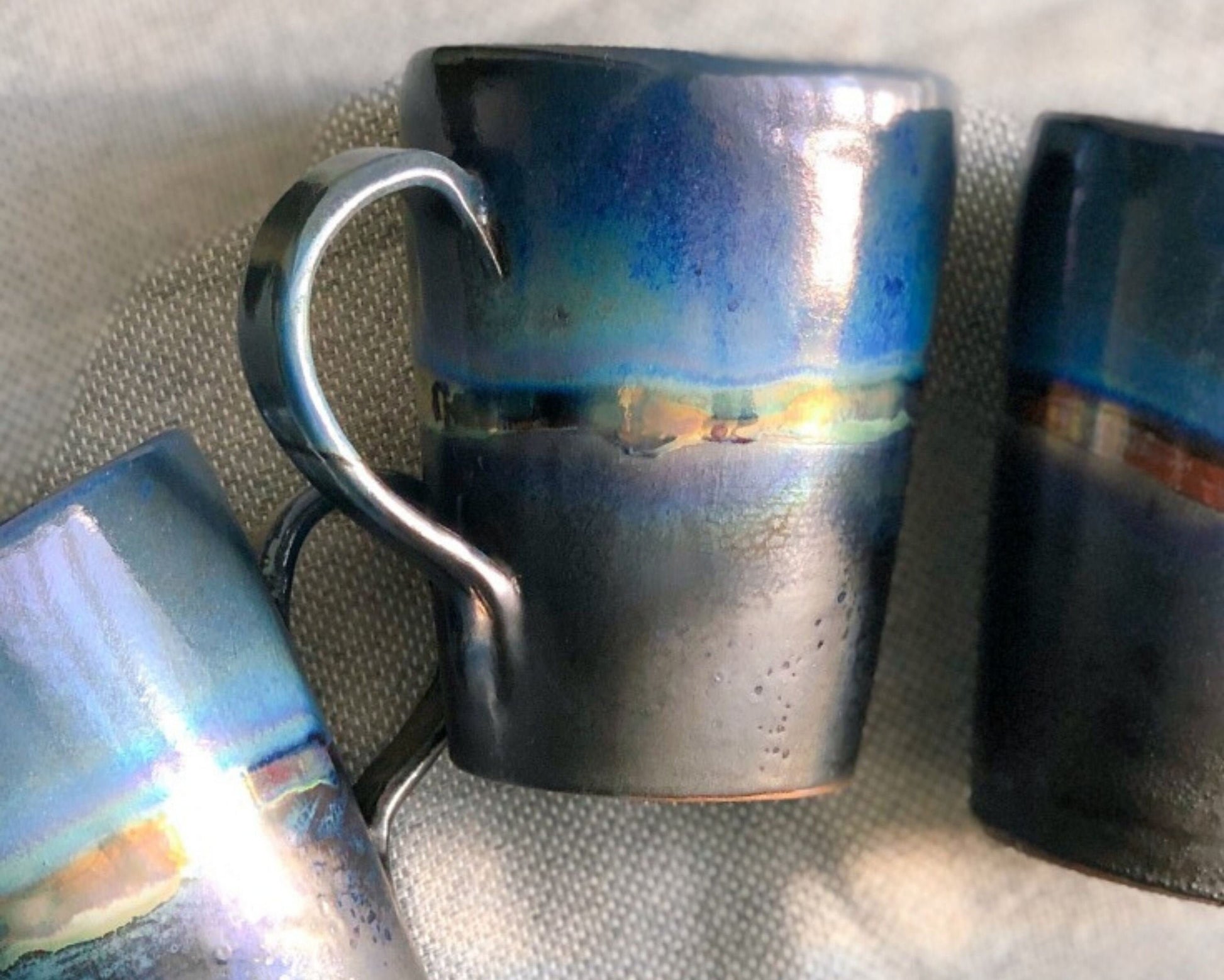 Black Mug with shades of Blue, and Gold Metallic Luster Stripe - Artistic Handmade Reduction Firing Pottery Mugs