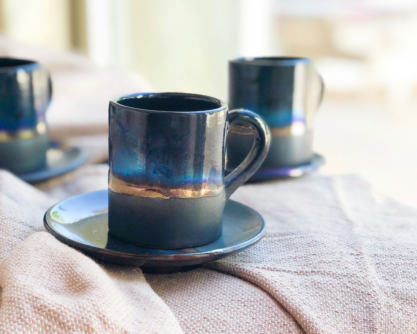 Black 'Turkish Coffee' Cup with with shades of Blue & Gold Metallic Luster Stripe - Artistic Handmade Reduction Firing Pottery/Ceramic Cups