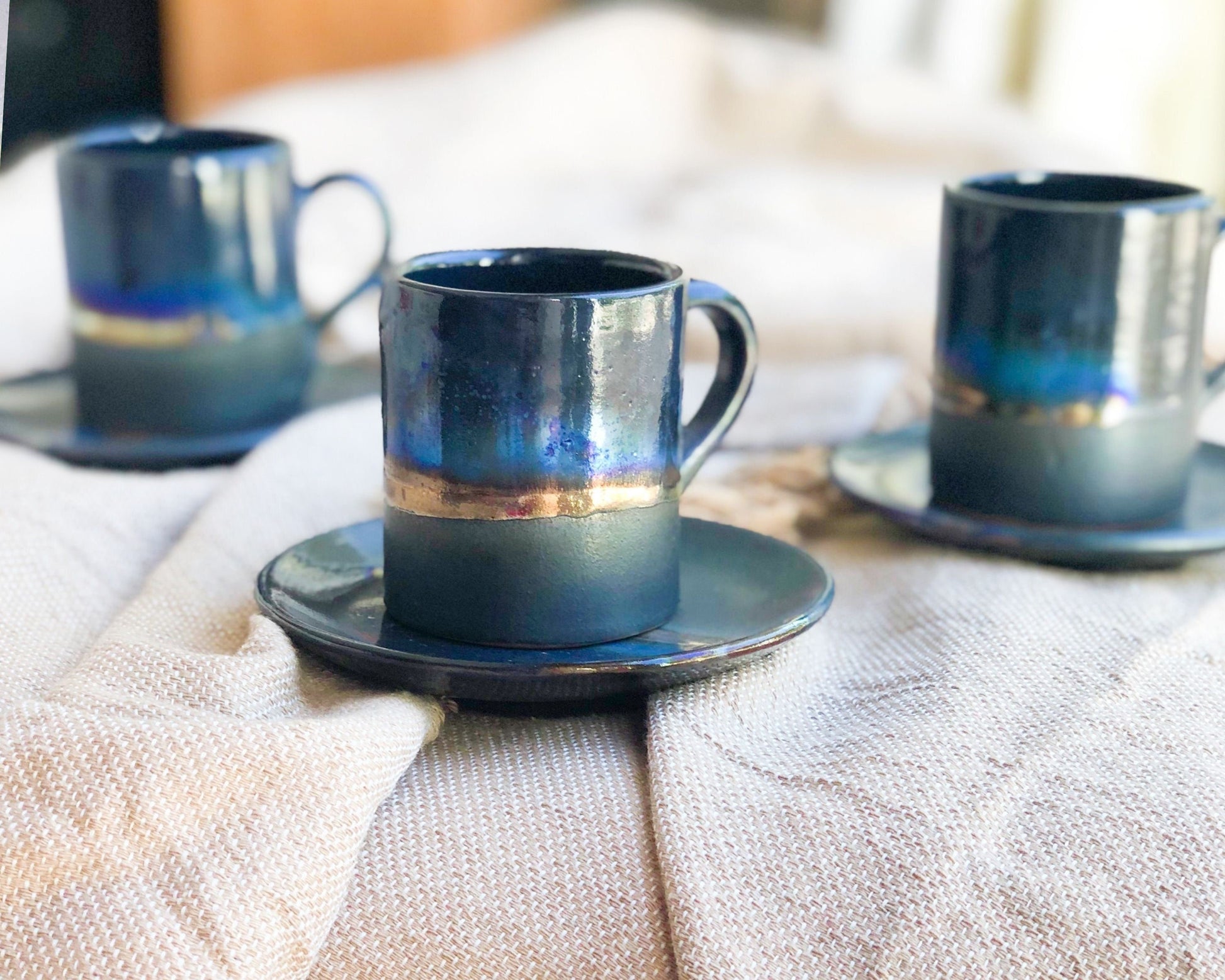 Black 'Turkish Coffee' Cup with with shades of Blue & Gold Metallic Luster Stripe - Artistic Handmade Reduction Firing Pottery/Ceramic Cups