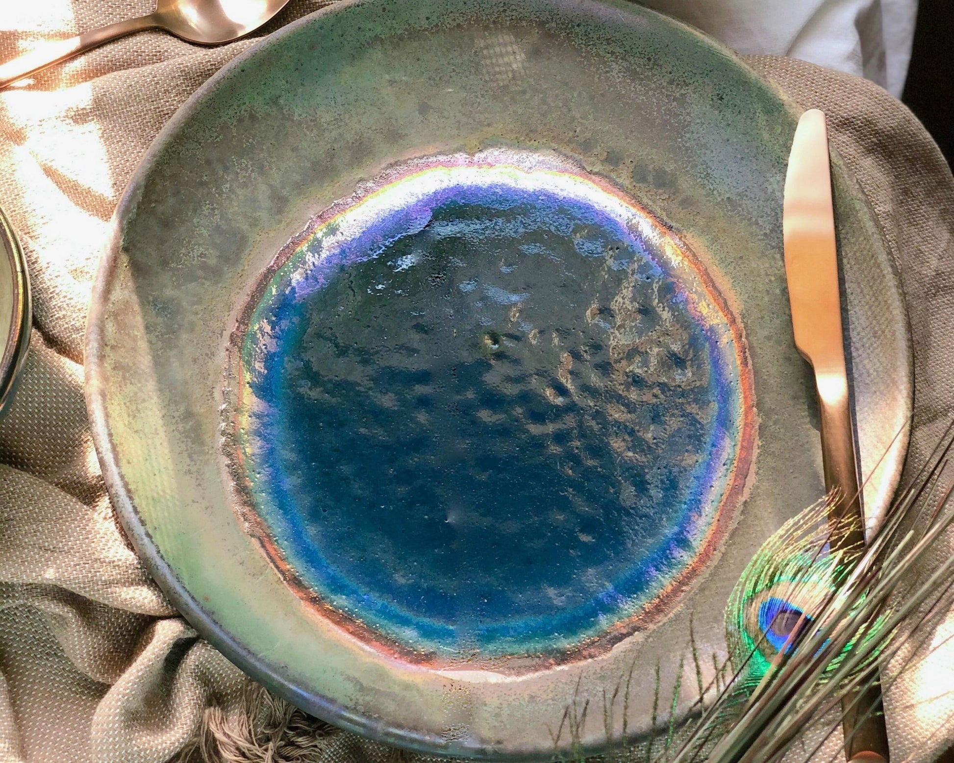 Green, Blue & Gold Dinner Set | Unique, Artistic with Rustic, Glossy and Metallic Finish | Handmade Pottery/Ceramic Artisan-Made Dishware