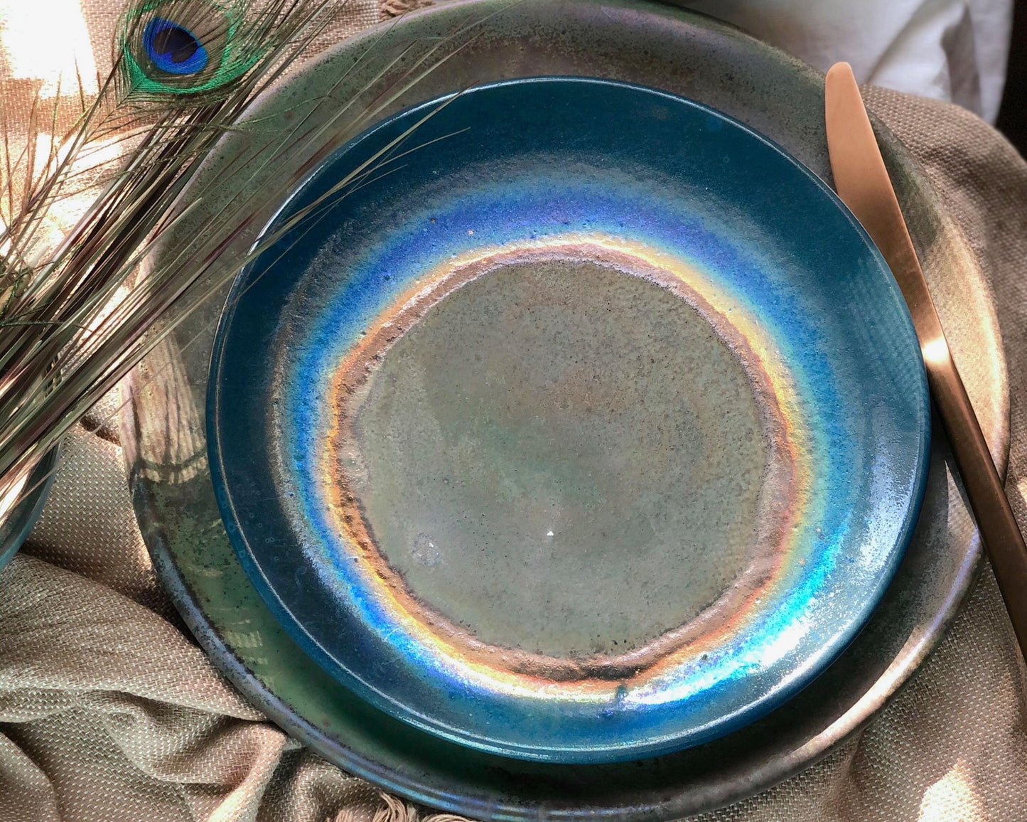 Blue, Green & Gold Plates and Bowls Dinner Set | Glossy, Rustic and Metallic Finish | Artisanal Handmade Pottery/Ceramic Dinnerware