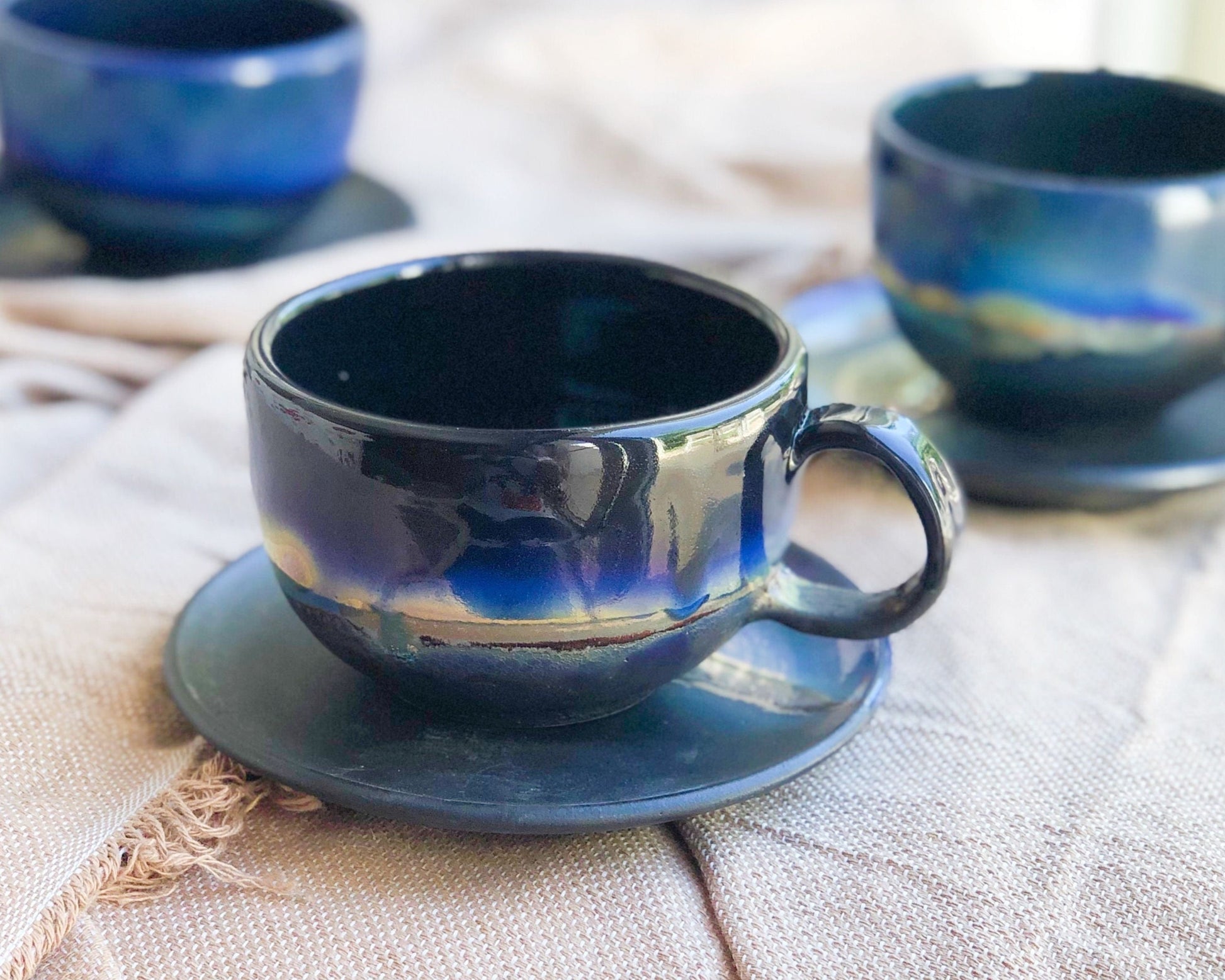 Black Cappuccino Cup with shades of Blue, and Gold Metallic Luster Stripe - Artistic Handmade Reduction Firing Pottery Cups