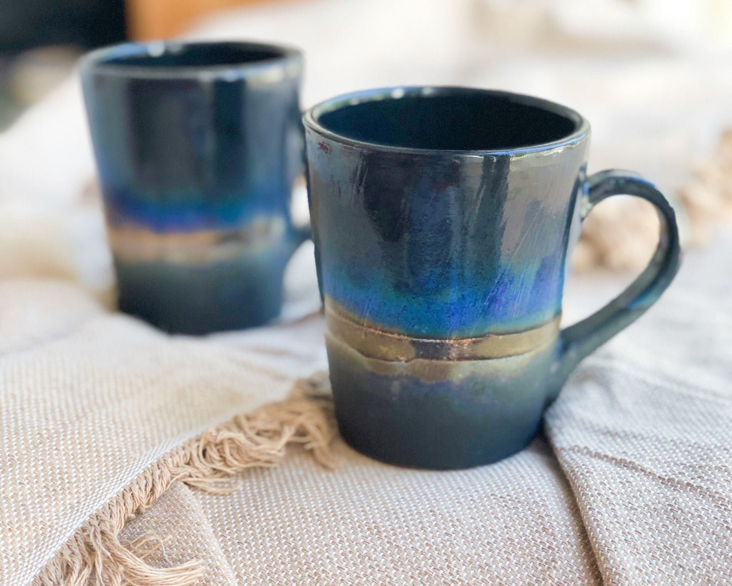 Black Mug with shades of Blue, and Gold Metallic Luster Stripe - Artistic Handmade Reduction Firing Pottery Mugs