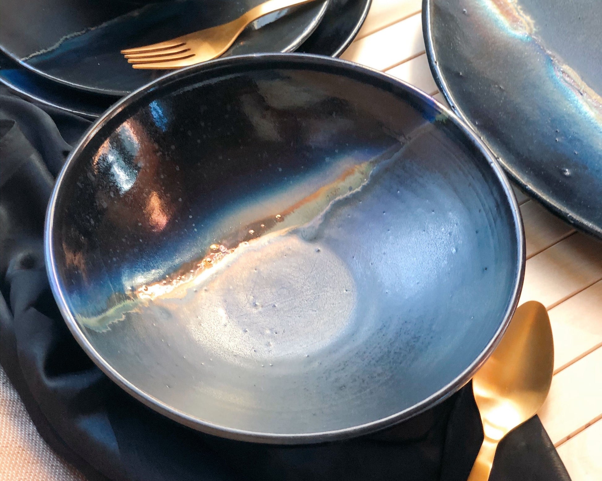 Black Serving/Salad Bowl with shades of Blue, and Gold Metallic Luster Stripe - Artistic Handmade Reduction Firing Ceramic Dinnerware