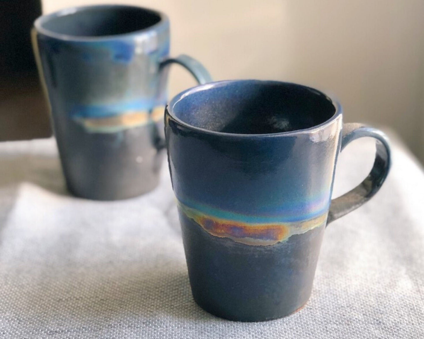 Black Mug with shades of Blue, and Gold Metallic Luster Stripe - Artistic Handmade Reduction Firing Pottery Mugs