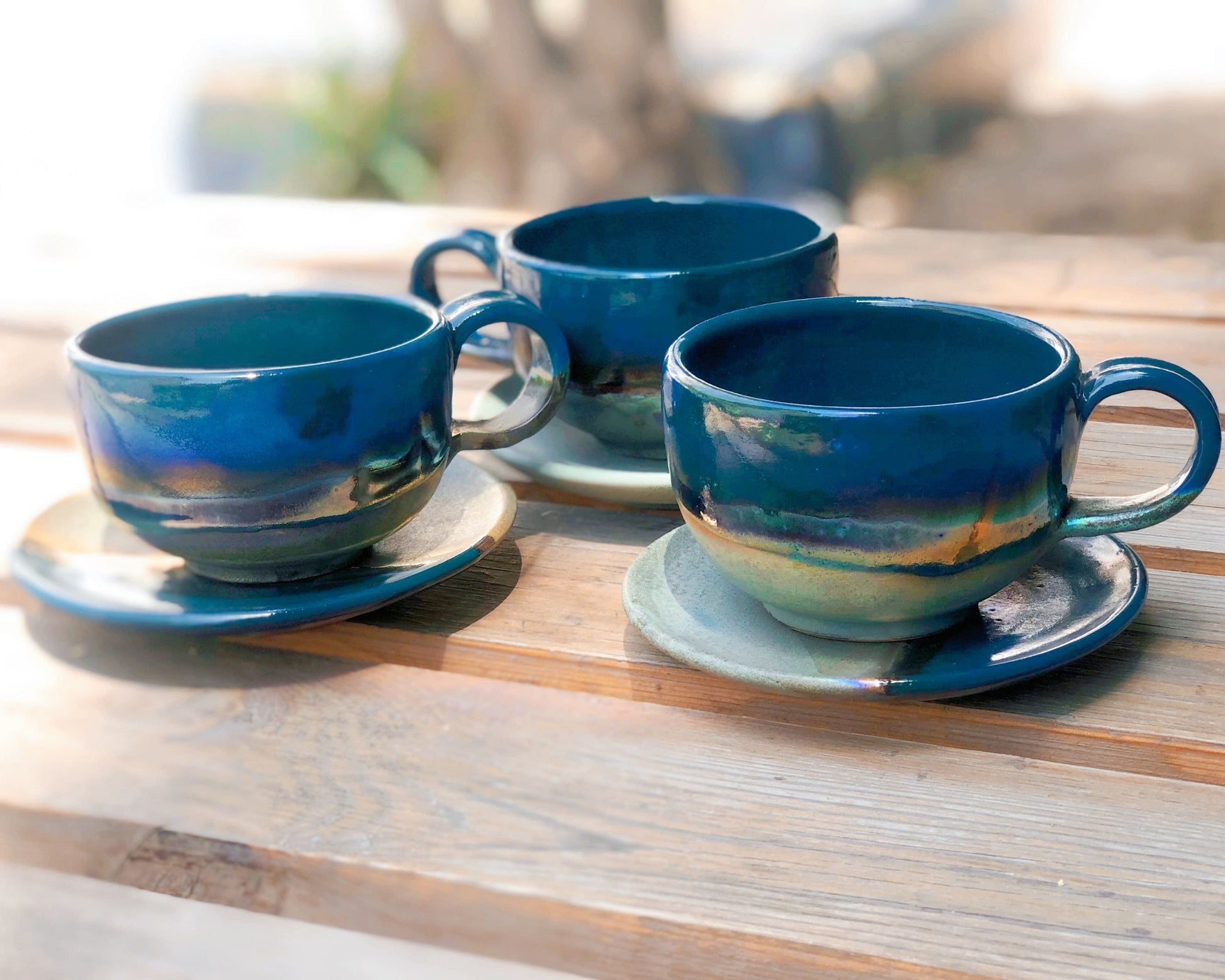 Faded Green & Peacock Blue Cappuccino Cup with Gold Metallic Luster Details and Glazing - Artistic Reduction Firing Drinkware