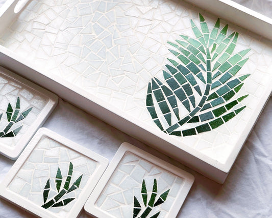 Mosaic Tray & Coaster Set | with a Palm Tree Branch Art | Green w/ White Background and Wooden Frame and Handle | Artisan-Made Table Decor