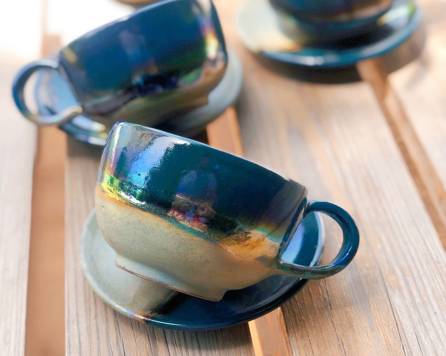 Faded Green & Peacock Blue Cappuccino Cup with Gold Metallic Luster Details and Glazing - Artistic Reduction Firing Drinkware