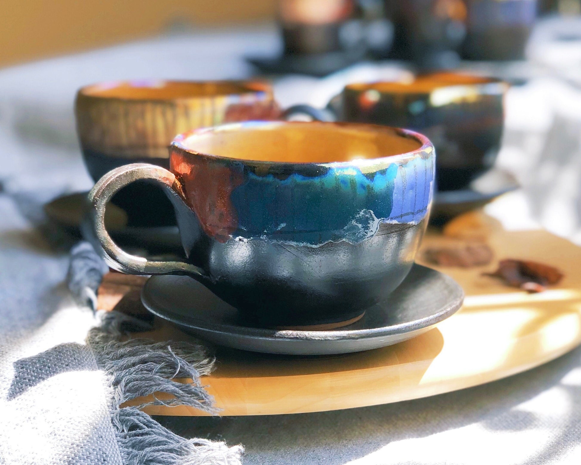 Black Large Cup & Saucer Set | with Multi-Color Rim with Abstract Design | for Cappuccino, Latte, Coffee, Hot Chocolate, Tea | Perfect Gift