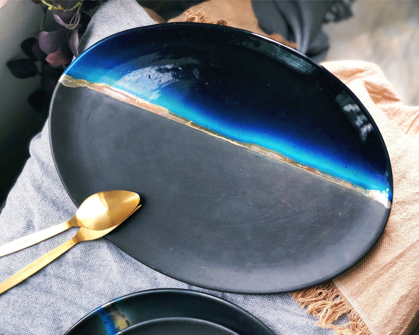 Black Serving Platter with shades of Blue, and Gold Metallic Luster Stripe - Artistic Handmade Reduction Firing Ceramic Serveware