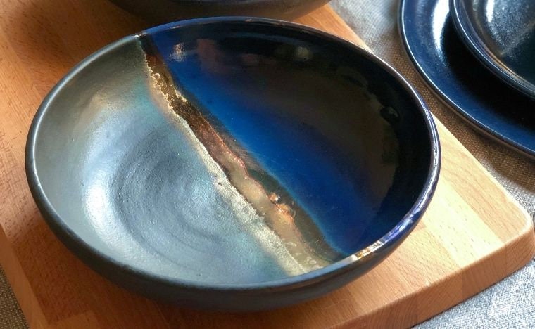 Black Pasta Bowl Set | with shades of Blue, and Gold Metallic Luster Stripe | Artistic Handmade Reduction Firing Ceramic Dinnerware