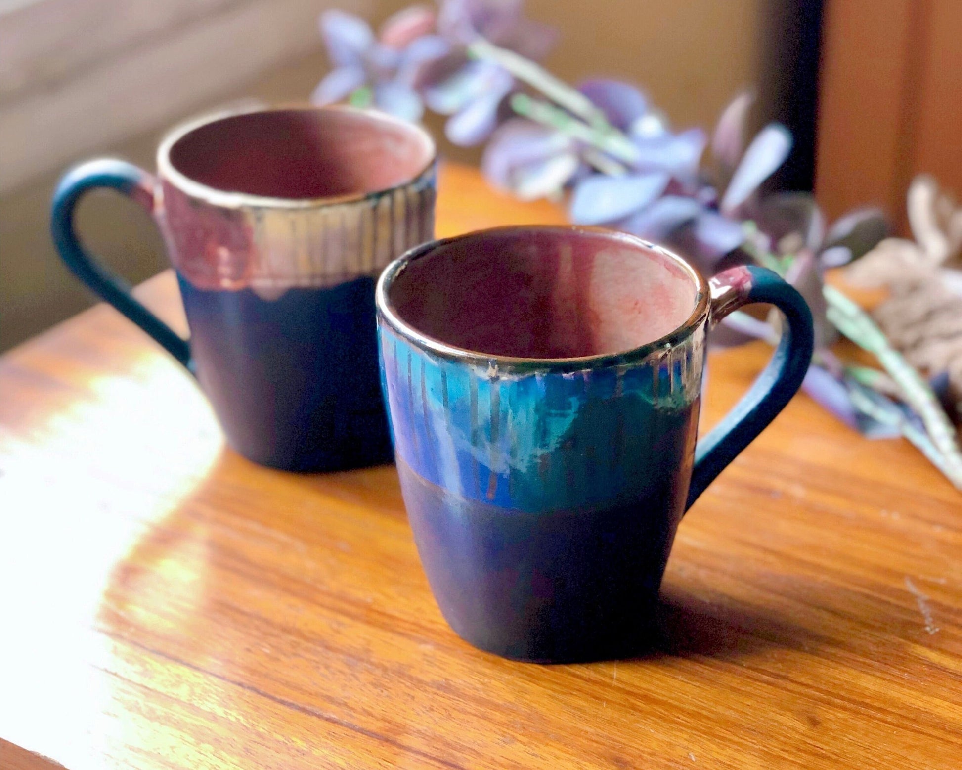 Black Art Mug | with Multi-Colored Rim & Metallic Highlights | Artisanal Handmade Pottery Set | For Coffee, Cappuccino, Latte | Holiday Gift