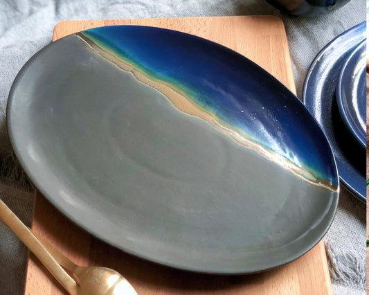 Black Serving Platter with shades of Blue, and Gold Metallic Luster Stripe - Artistic Handmade Reduction Firing Ceramic Serveware