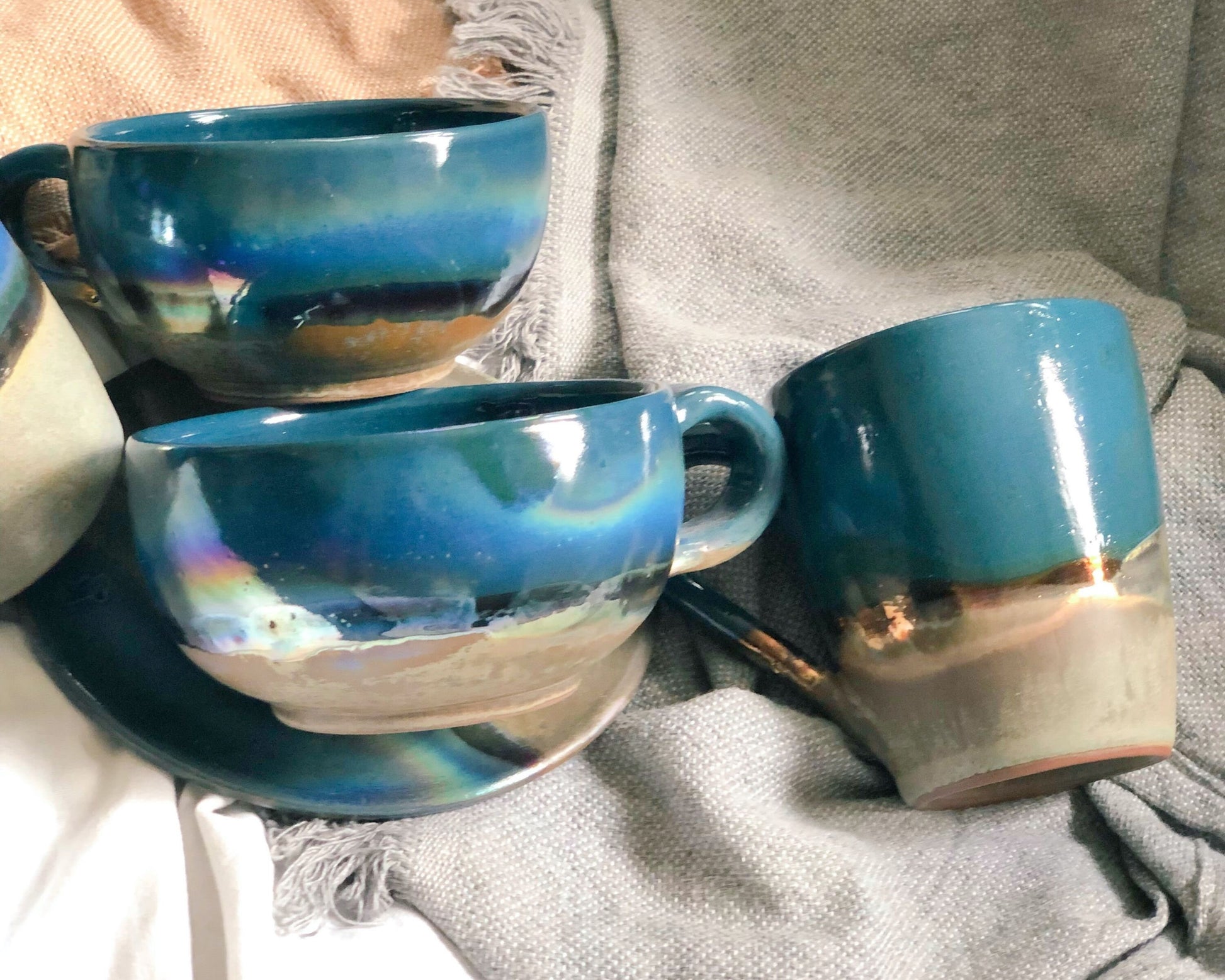 Faded Green & Peacock Blue Cappuccino Cup with Gold Metallic Luster Details and Glazing - Artistic Reduction Firing Drinkware