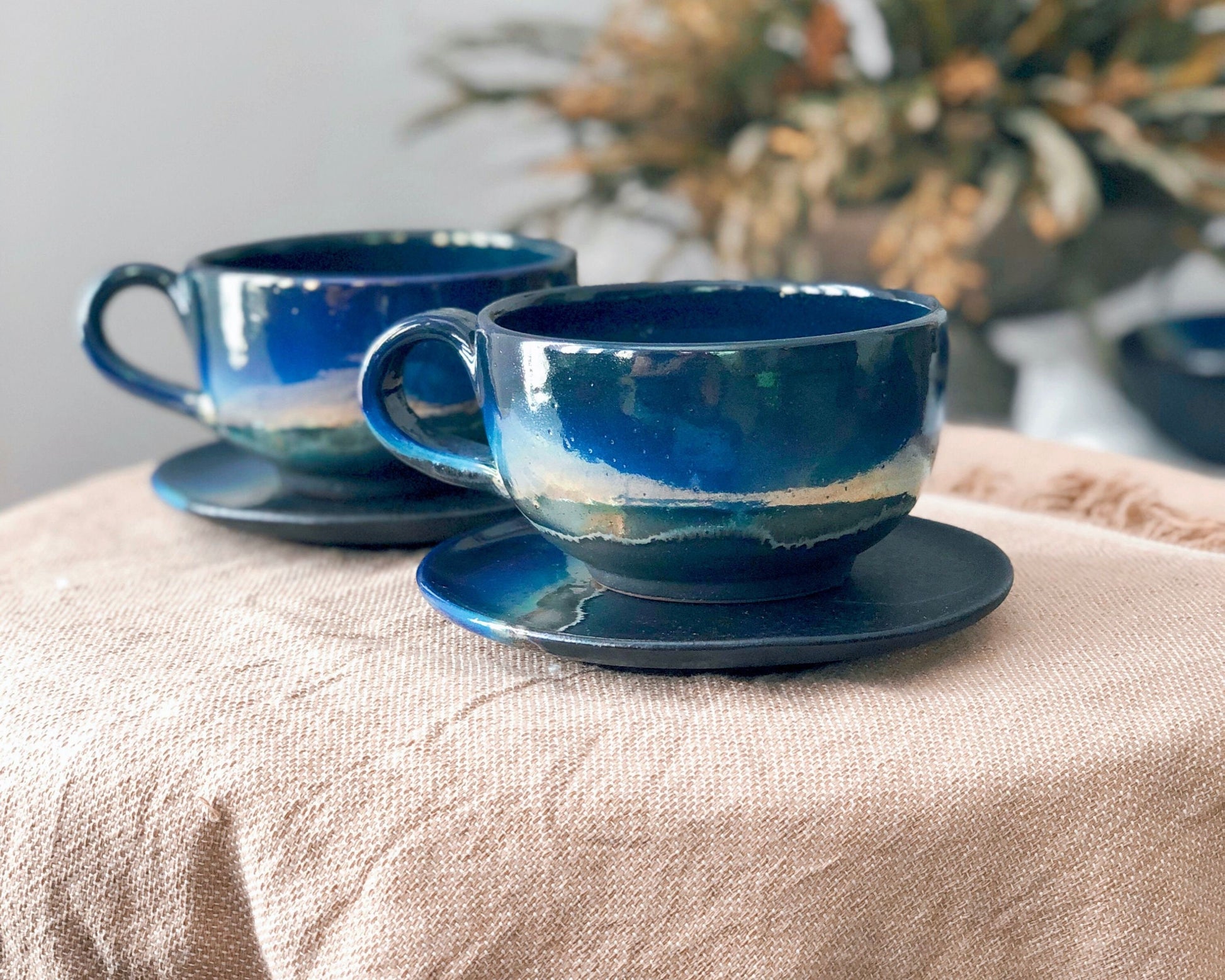 Black Cappuccino Cup with shades of Blue, and Gold Metallic Luster Stripe - Artistic Handmade Reduction Firing Pottery Cups