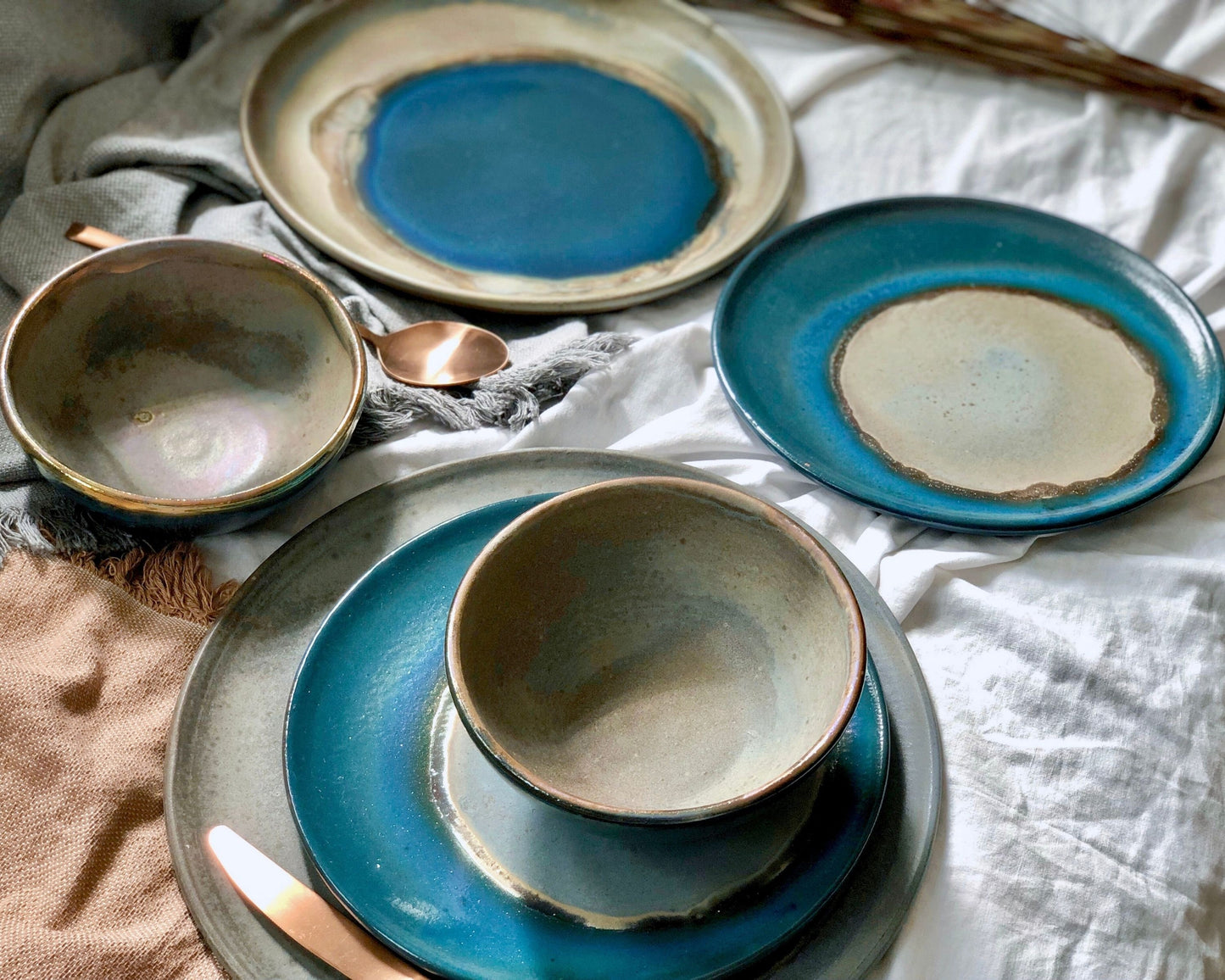 Blue, Green & Gold Plates and Bowls Dinner Set | Glossy, Rustic and Metallic Finish | Artisanal Handmade Pottery/Ceramic Dinnerware