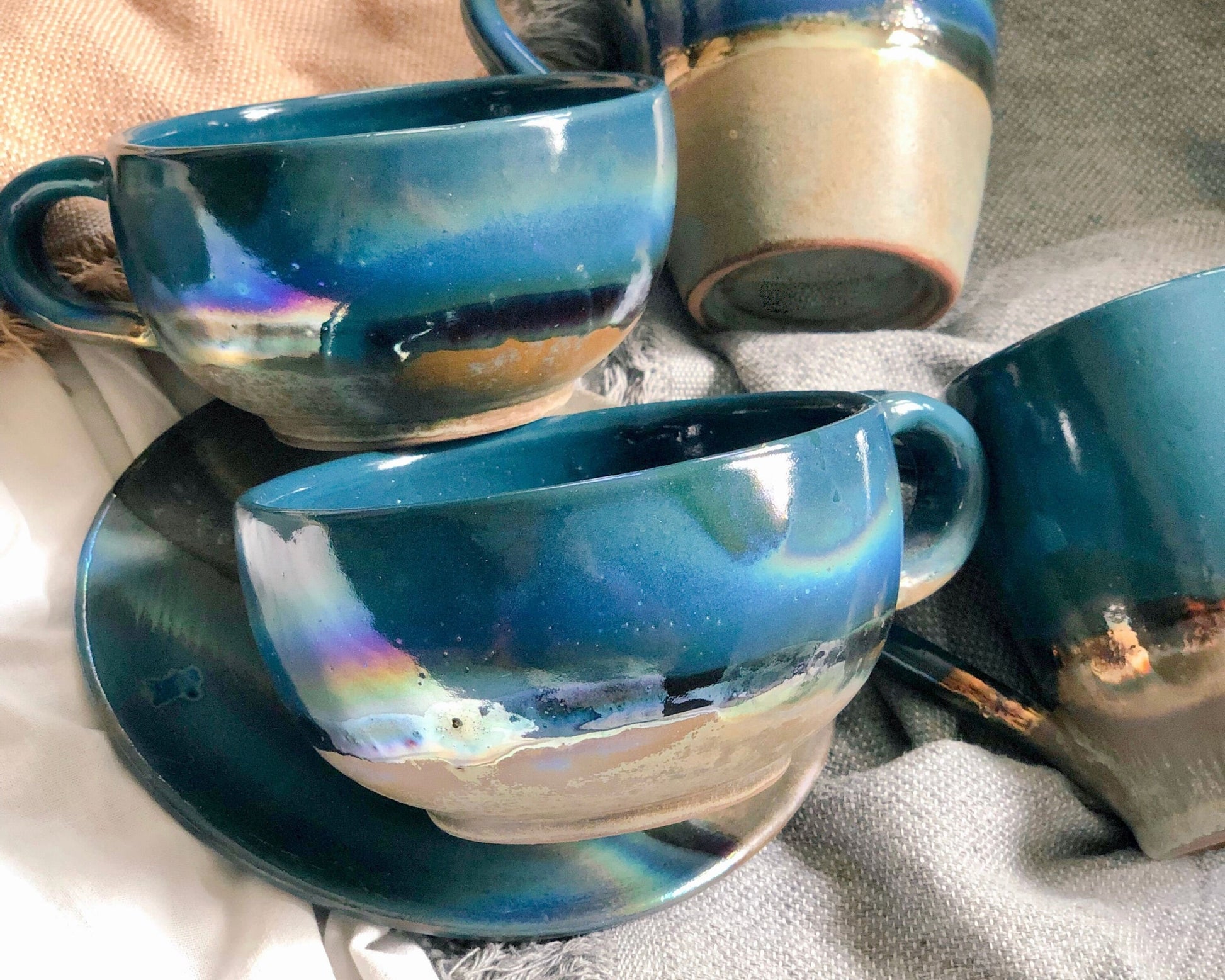 Faded Green & Peacock Blue Cappuccino Cup with Gold Metallic Luster Details and Glazing - Artistic Reduction Firing Drinkware