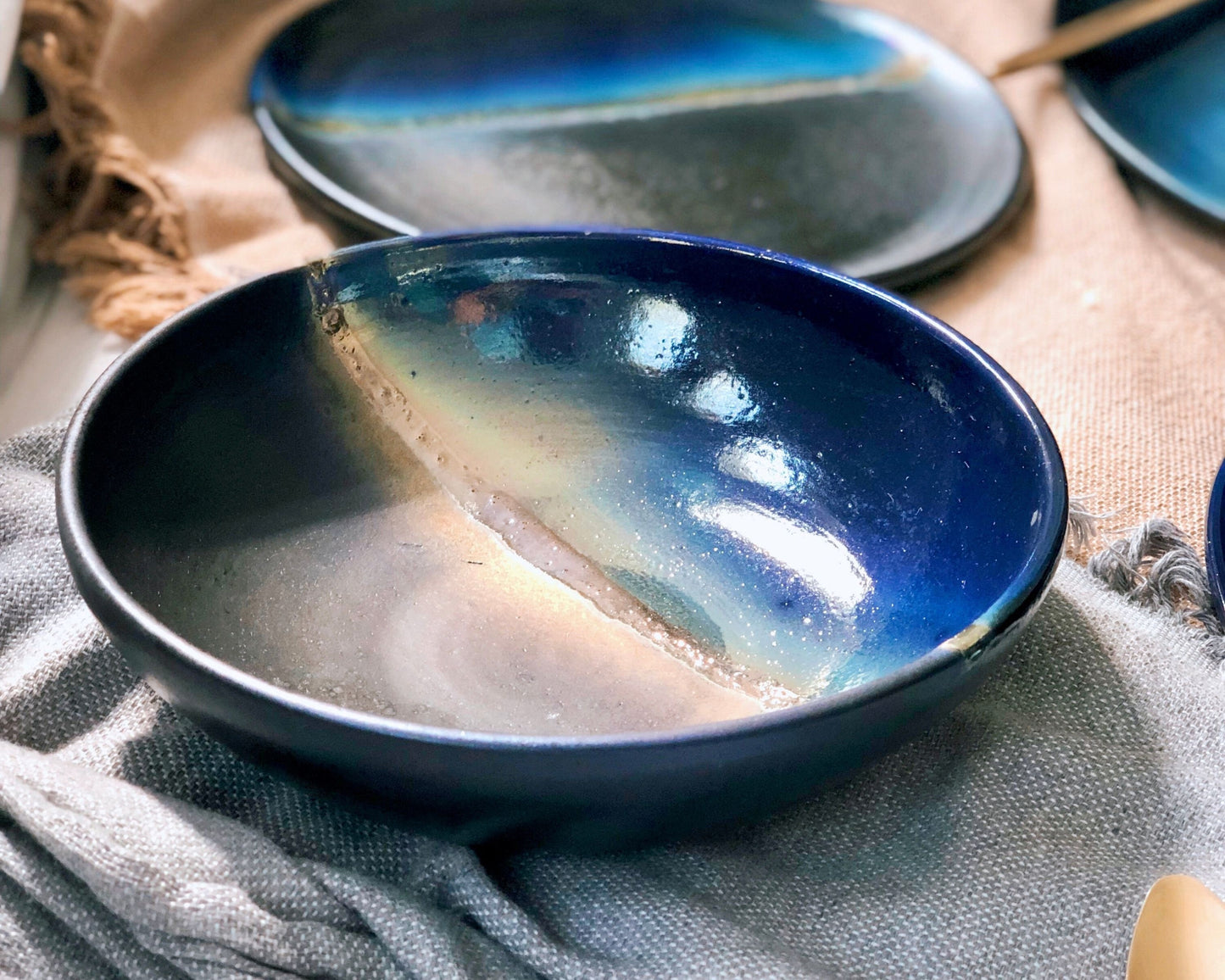 Black Pasta Bowl Set | with shades of Blue, and Gold Metallic Luster Stripe | Artistic Handmade Reduction Firing Ceramic Dinnerware