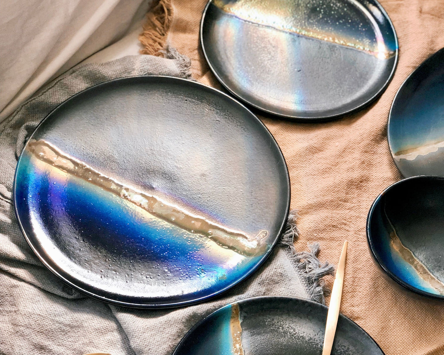 Black Dinner Plate Set with shades of Blue, and Gold Metallic Luster Stripe - Artistic Handmade Reduction Firing Pottery/Ceramic Dinnerware