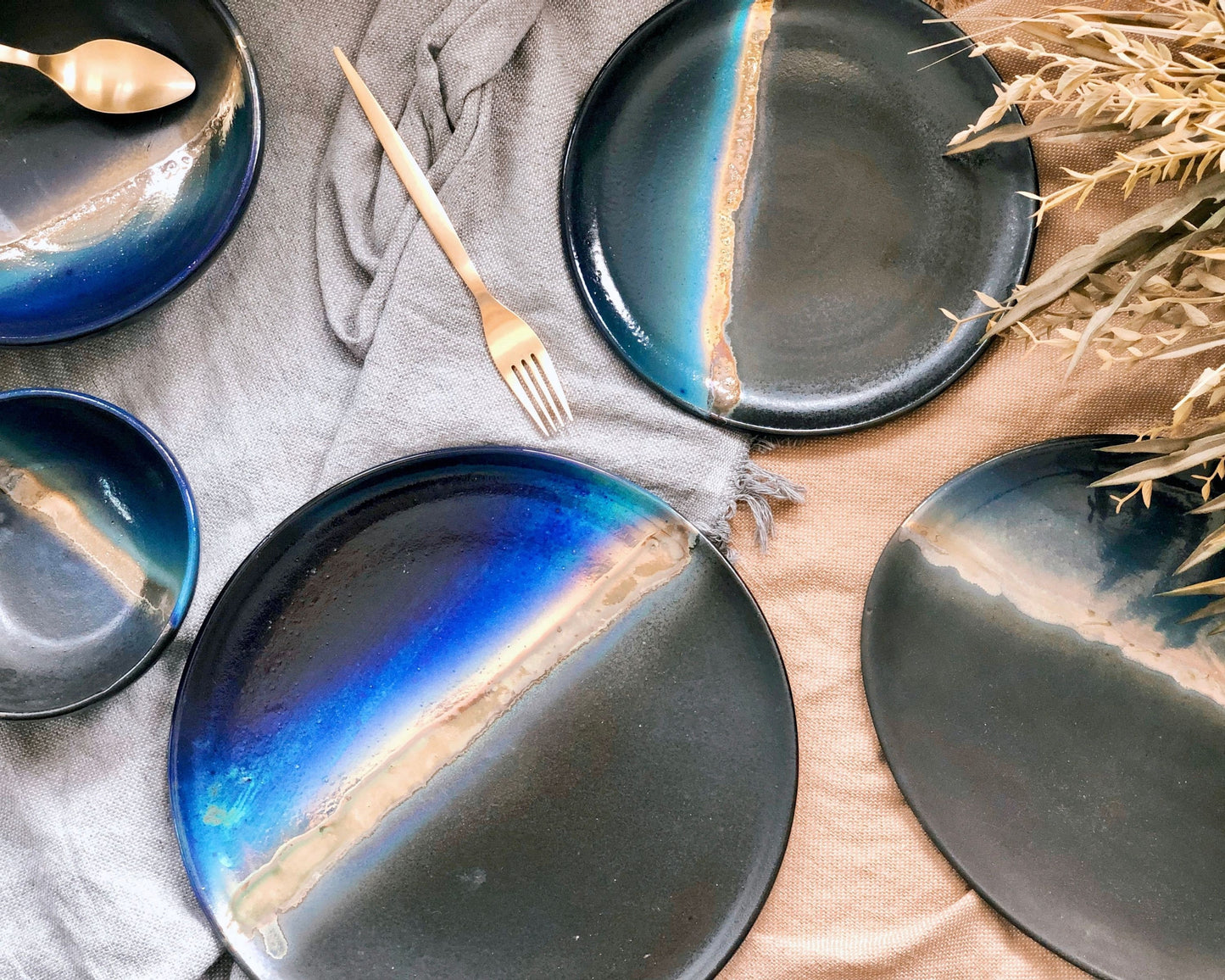 Black Salad/Dessert Plate with shades of Blue & Gold Metallic Luster Stripe - Artistic Handmade Reduction Firing Ceramic/Pottery Dinnerware