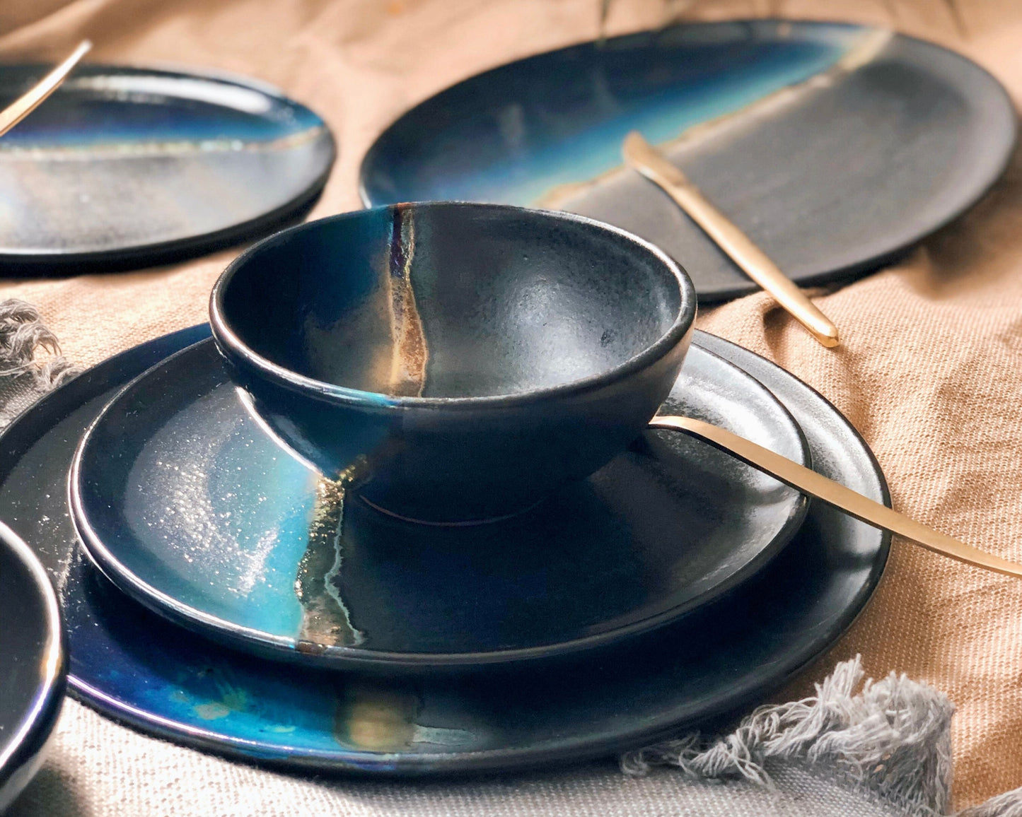 Black Dinner Set with shades of Blue, and Gold Metallic Luster Stripe - 3-piece Artistic Handmade Reduction Firing Pottery Dinnerware