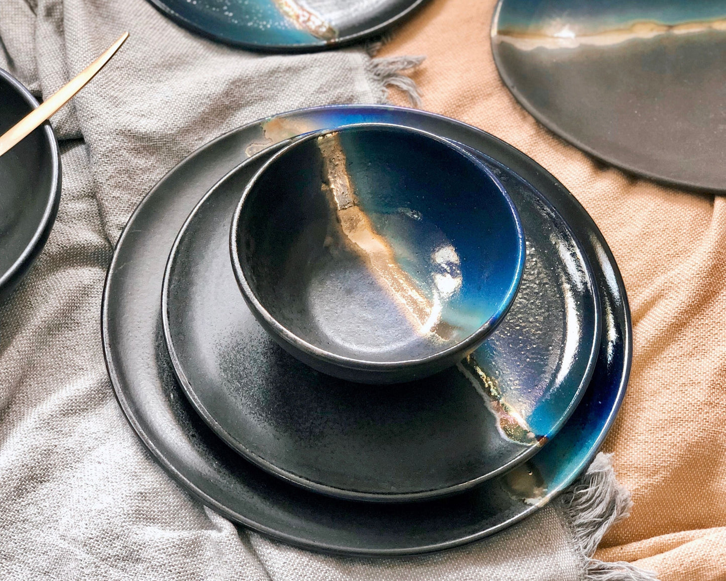 Black Dinner Set with shades of Blue, and Gold Metallic Luster Stripe - 3-piece Artistic Handmade Reduction Firing Pottery Dinnerware