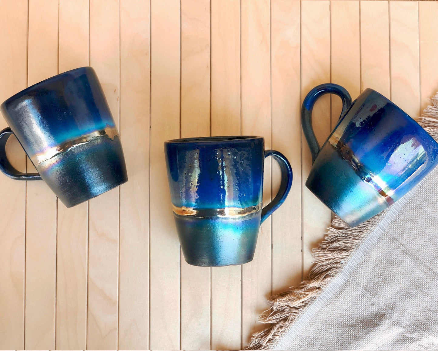 Black Mug with shades of Blue, and Gold Metallic Luster Stripe - Artistic Handmade Reduction Firing Pottery Mugs