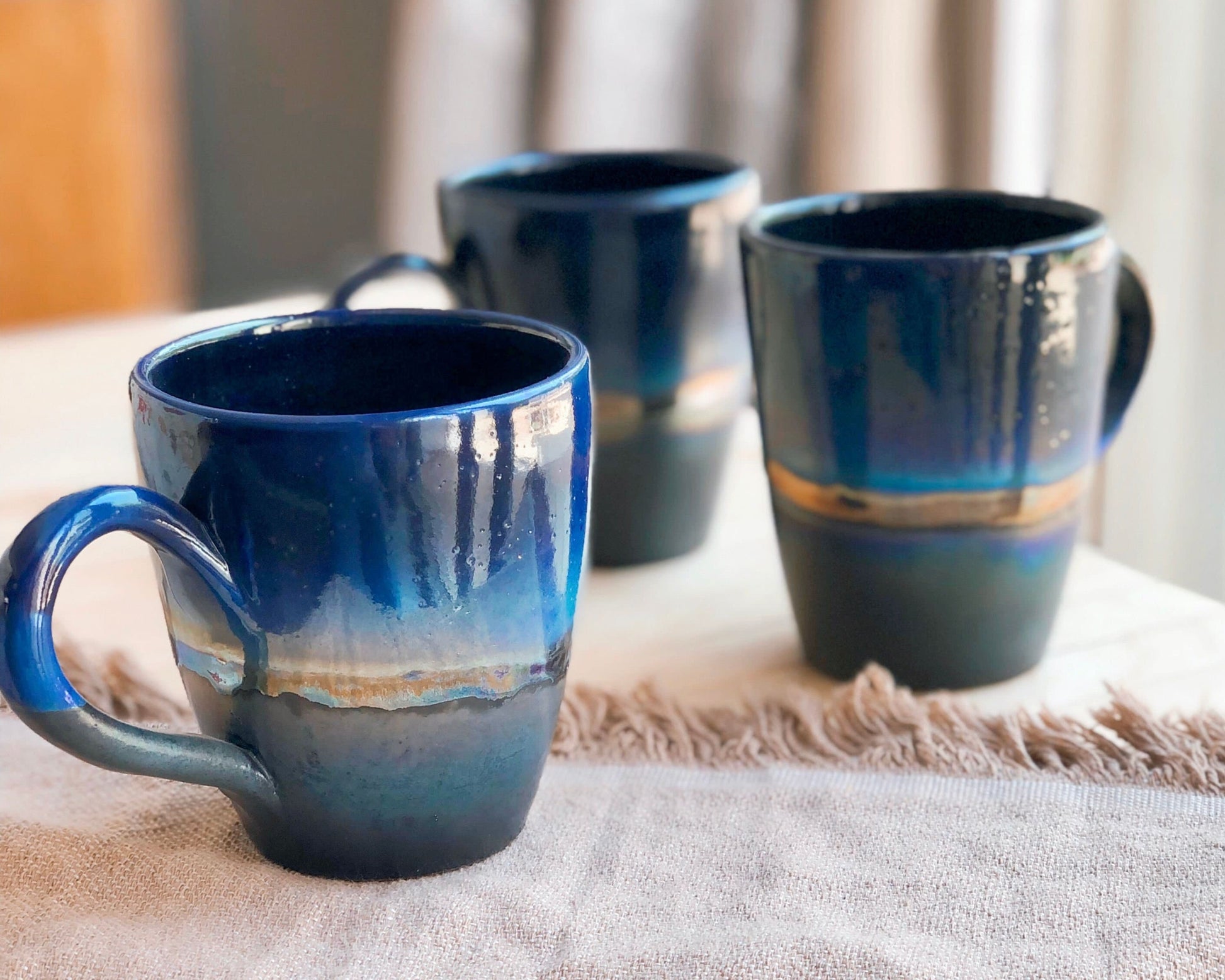 Black Mug with shades of Blue, and Gold Metallic Luster Stripe - Artistic Handmade Reduction Firing Pottery Mugs