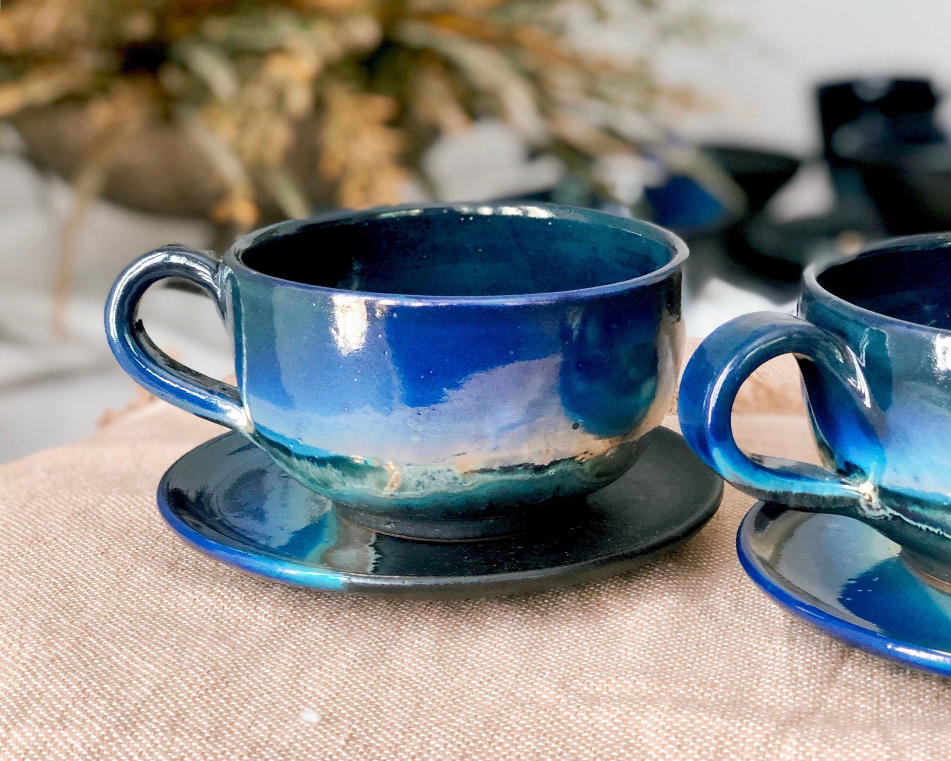 Black Cappuccino Cup with shades of Blue, and Gold Metallic Luster Stripe - Artistic Handmade Reduction Firing Pottery Cups