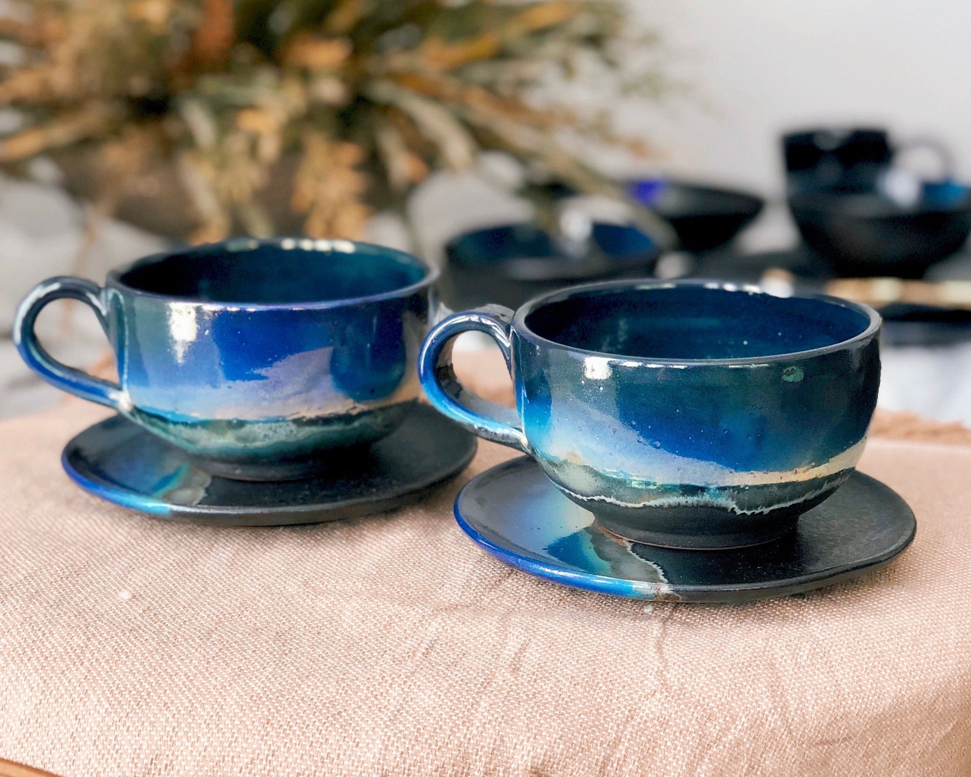 Black Cappuccino Cup with shades of Blue, and Gold Metallic Luster Stripe - Artistic Handmade Reduction Firing Pottery Cups