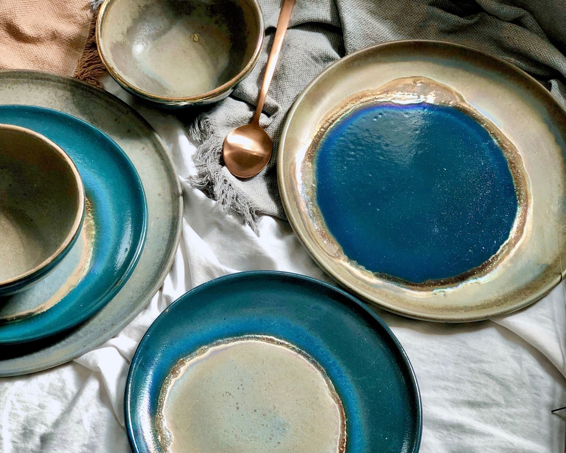 Green, Blue & Gold Dinner Set | Unique, Artistic with Rustic, Glossy and Metallic Finish | Handmade Pottery/Ceramic Artisan-Made Dishware