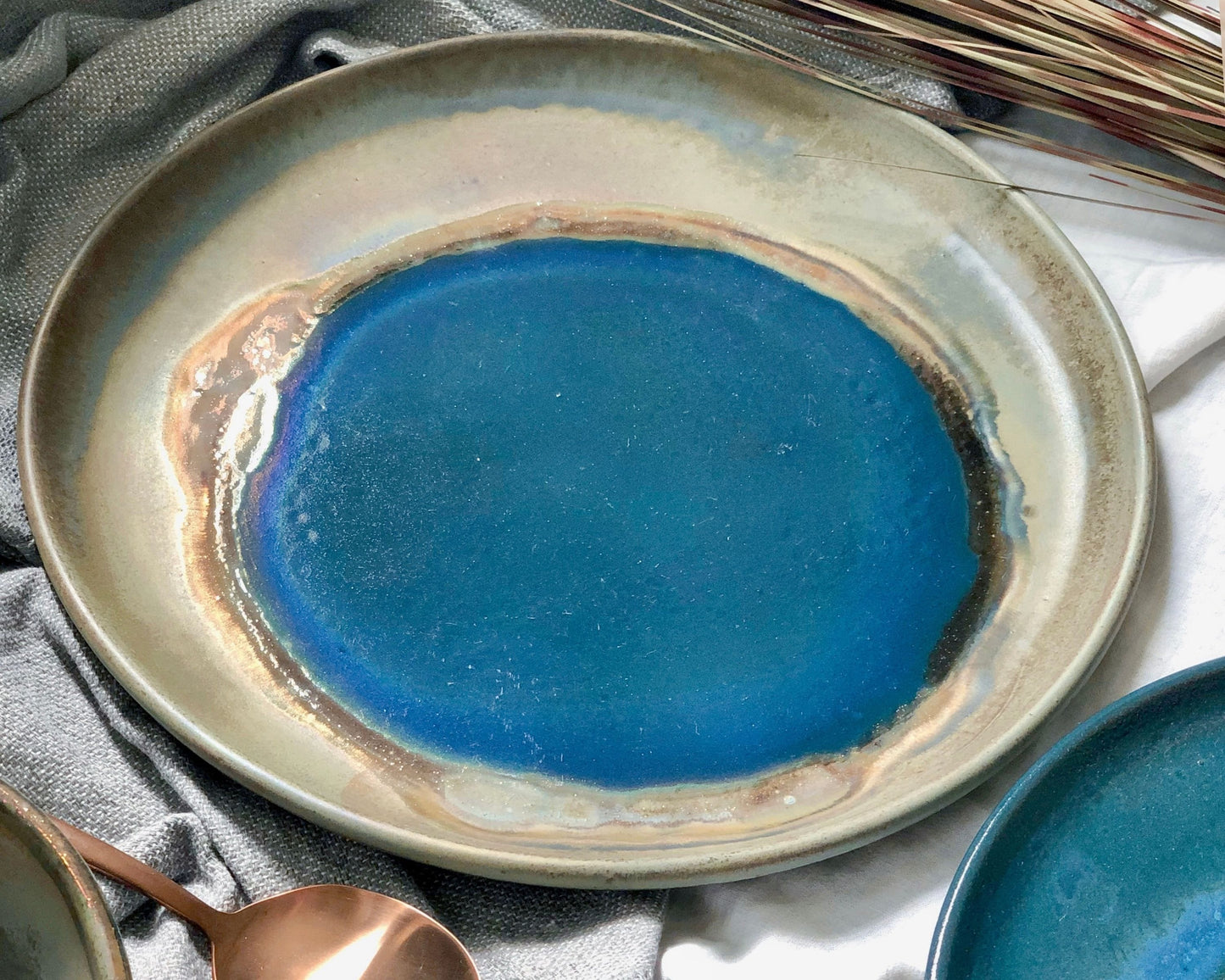 Green, Blue & Gold Dinner Set | Unique, Artistic with Rustic, Glossy and Metallic Finish | Handmade Pottery/Ceramic Artisan-Made Dishware