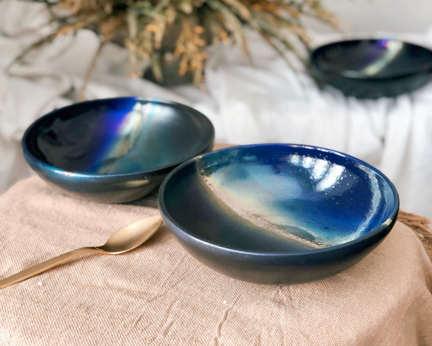 Black Pasta Bowl Set | with shades of Blue, and Gold Metallic Luster Stripe | Artistic Handmade Reduction Firing Ceramic Dinnerware