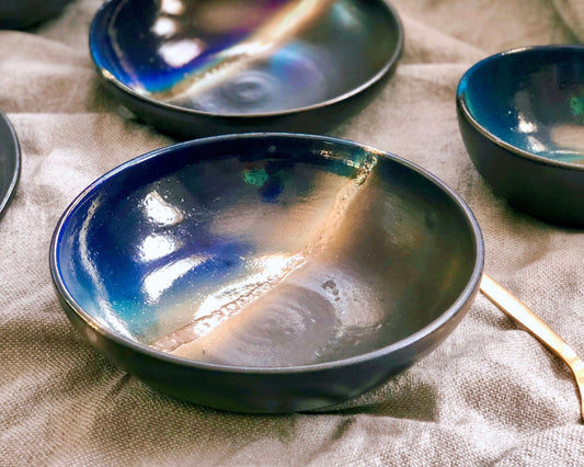 Black Pasta Bowl Set | with shades of Blue, and Gold Metallic Luster Stripe | Artistic Handmade Reduction Firing Ceramic Dinnerware