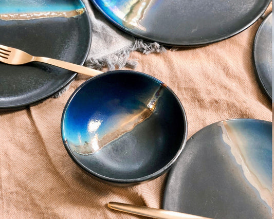 Black Dinner/Soup Bowl with shades of Blue, and Gold Metallic Luster Stripe - Artistic Handmade Reduction Firing Pottery/Ceramic Dinnerware