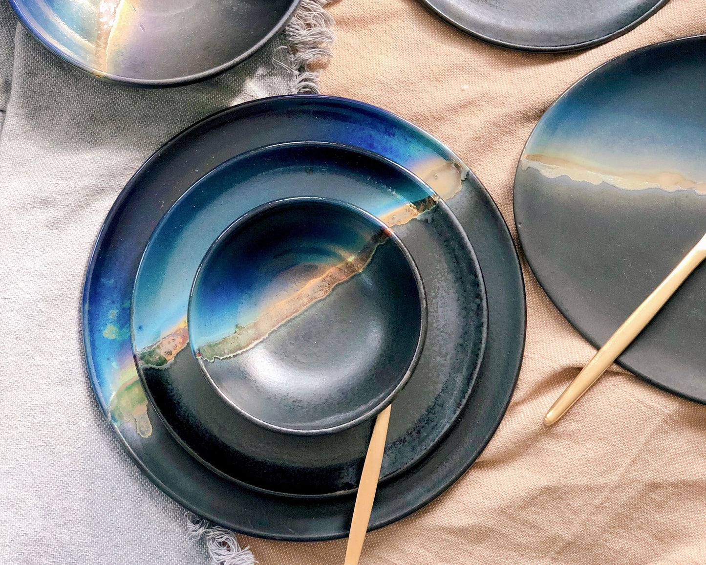 Black Dinner Set with shades of Blue, and Gold Metallic Luster Stripe - 3-piece Artistic Handmade Reduction Firing Pottery Dinnerware