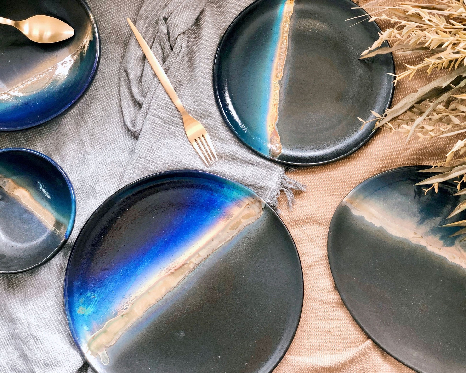 Black Dinner Set with shades of Blue, and Gold Metallic Luster Stripe - 3-piece Artistic Handmade Reduction Firing Pottery Dinnerware